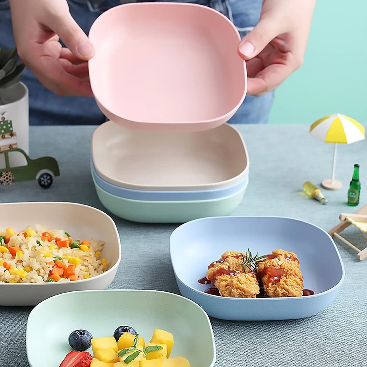 Dadamong 8Pcs Square Wheat Straw Plates Deep Dinner Dishes 5.7 Inches Unbreakable Tableware For Noodle Rice Fruit Cereal Dessert